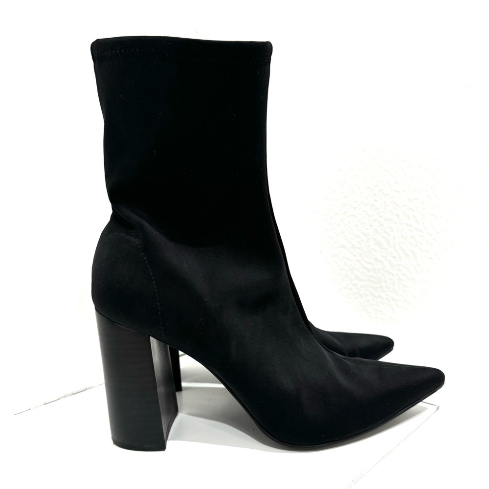 Jeffrey Campbell pointed toe black slip on tall block heel booties